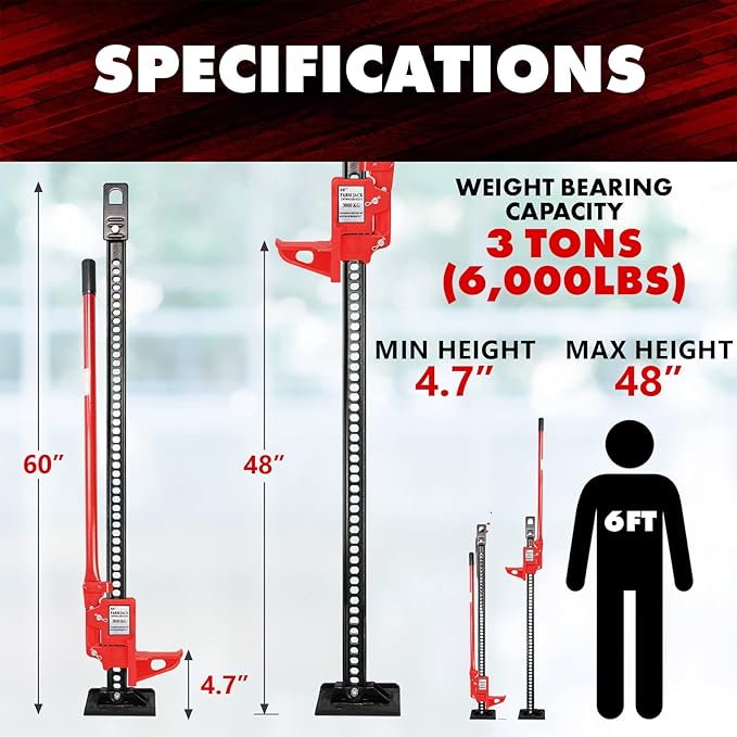 YIYITOOLS 60" Farm Jack 60 inch Steel Jack Floor Jack All-cast Jack - Red, JJ-1-002, Car Jack | Hydraulic Jack | Rotopax | Jack Stands, YY2020065