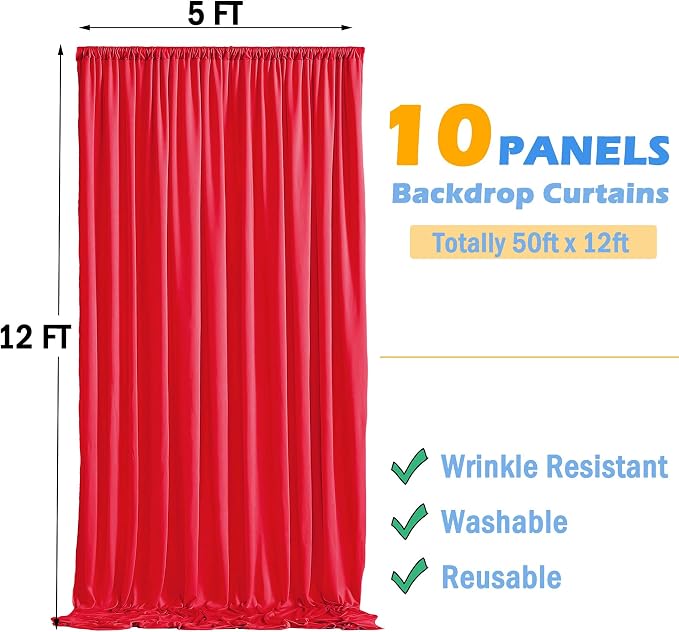50ft x 12ft Wrinkle Free Red Backdrop Curtains