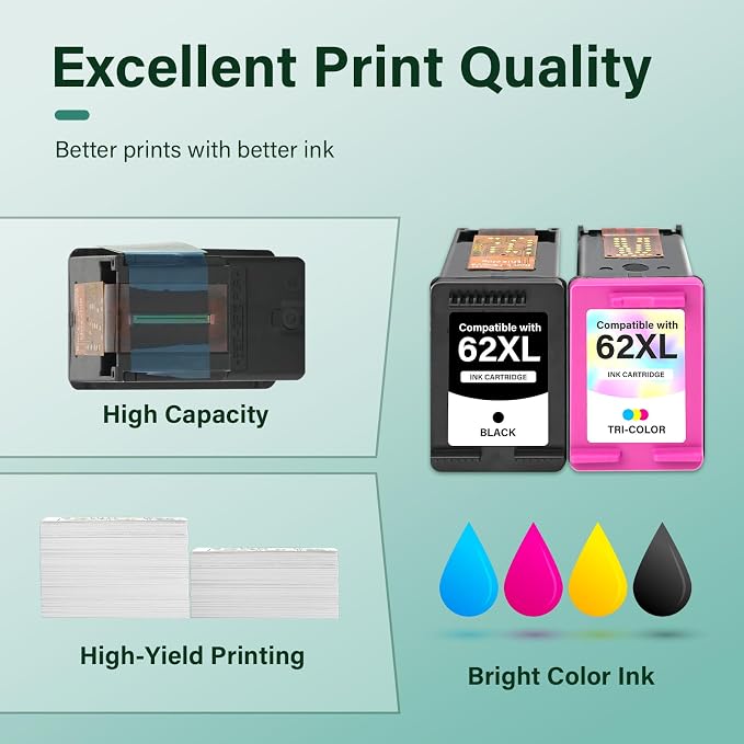 62XL 62 Envy 7640 Ink Cartridges Black and Color Combo Pack Replacement