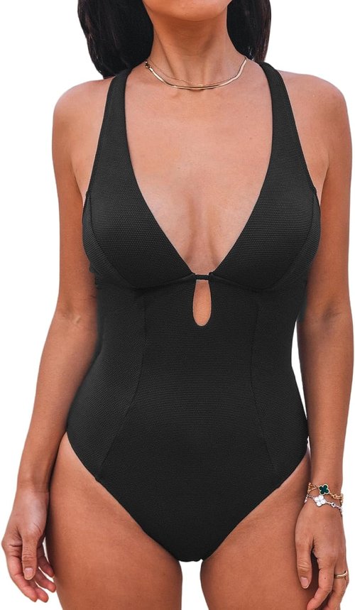 CUPSHE One Piece Swimsuit - Deep V Neck Keyhole Cutout Design | Textured Bathing Suit for Women