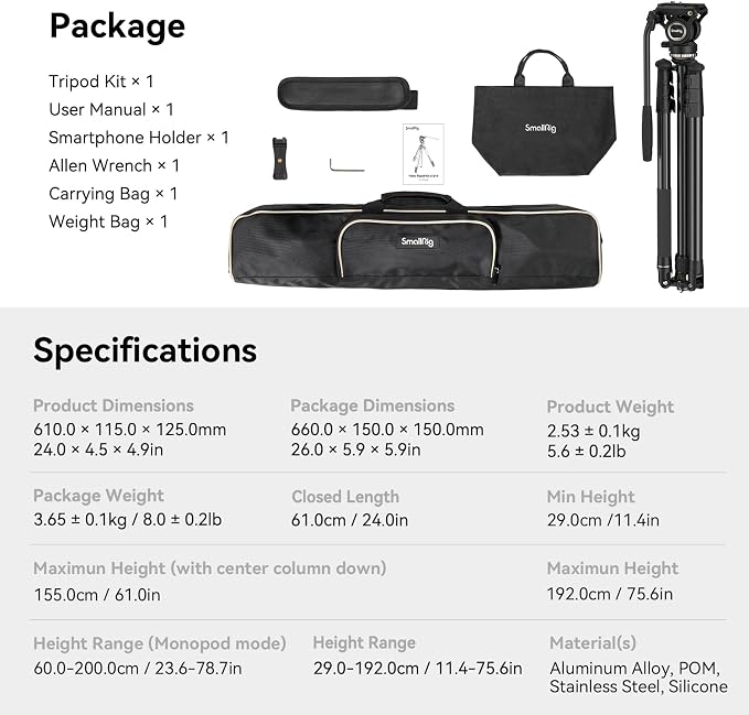 SmallRig CT210 Video Tripod, Professional Camera Tripod Compatible