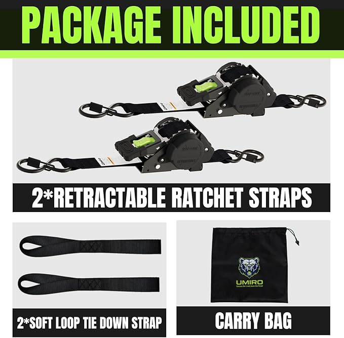 Retractable Ratchet Straps 1 Inch x 12 Feet Heavy Duty Tie Downs Auto Retract Ratchet Strap 1760lb Break Strength Self Retracting for Truck,Cargo,Trailer,Motorcycle,ATV,UTV (Black-Green,2 Pack)