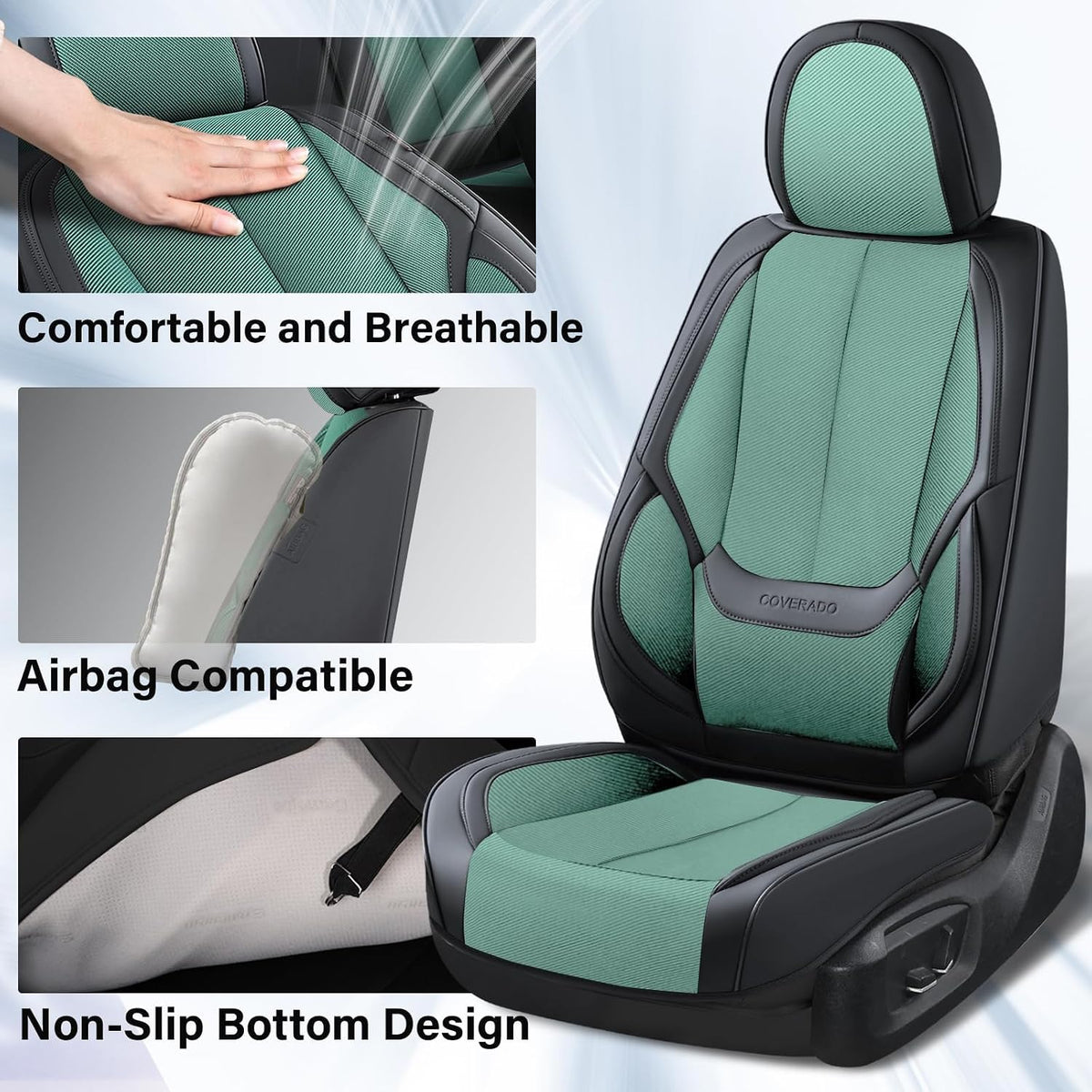 Coverado Seat Covers Full Set, Car Seat Covers Front Seat and Back Seat, Fabric&Leather Car Seat Protectors, Universal Seat Covers for Cars, Compatible with Most Cars, Green