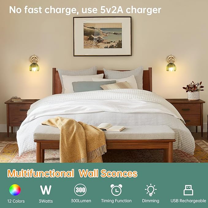Vintage Battery Operated Wall Sconce, 5000mAh Rechargeable Wall Light, Indoor Battery Powered Wall Lamp for Bedside Bedroom Living Room, Tulip Green