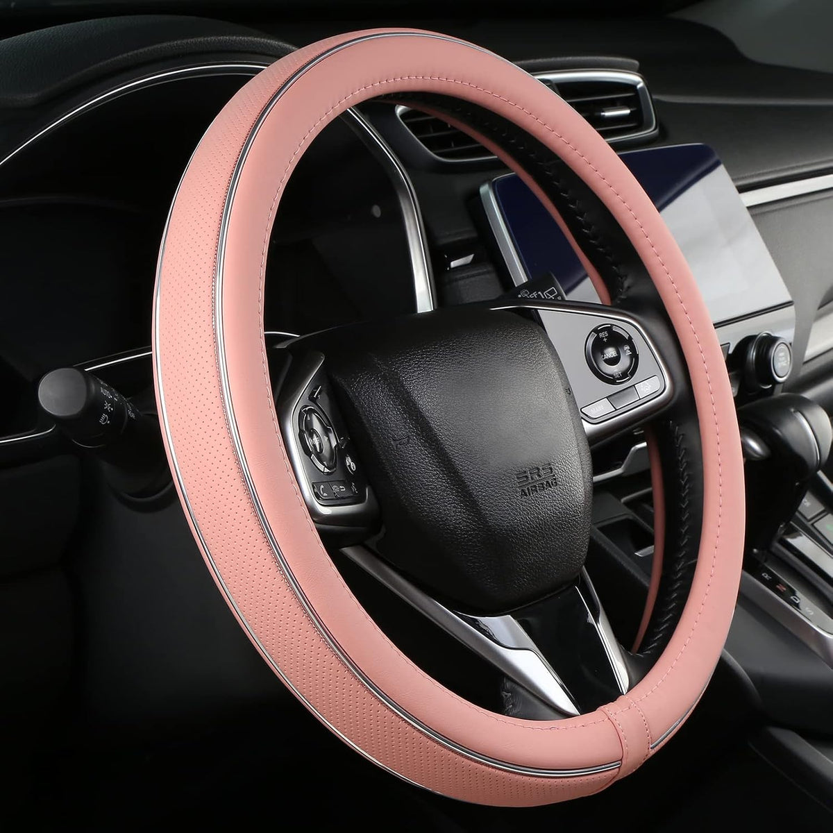 ALEMODR Green Leather Steering Wheel Cover Fiber Strip Car Steering Wheel Cover Universal 15 inch