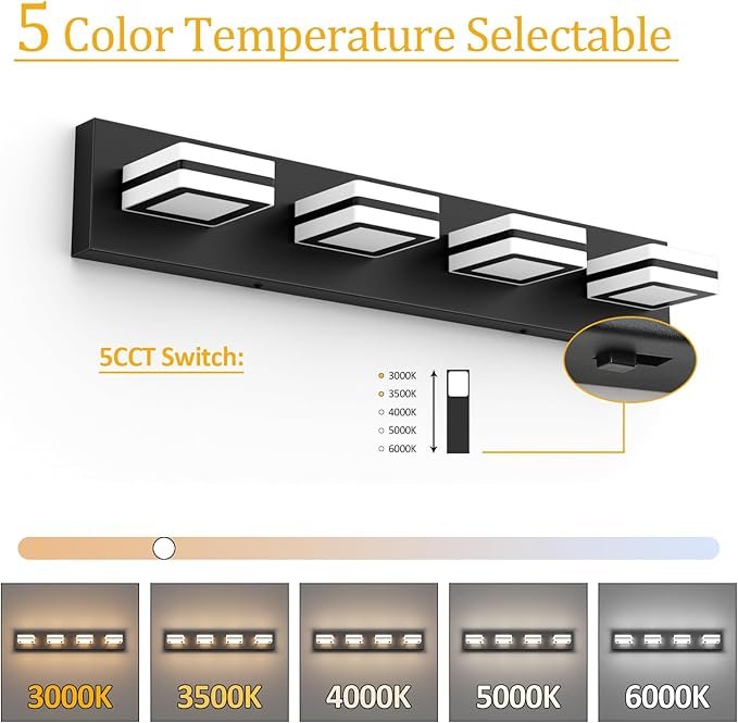 Ralbay 5 Color Temperature Dimmable Black Vanity Lights for Bathroom 4 Lights Acrylic Modern LED Matte Black Bathroom Vanity Lighting Fixtures