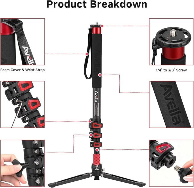 Avella C324D Carbon Fiber 67 Inch Camera Monopod Professional Telescopic Video