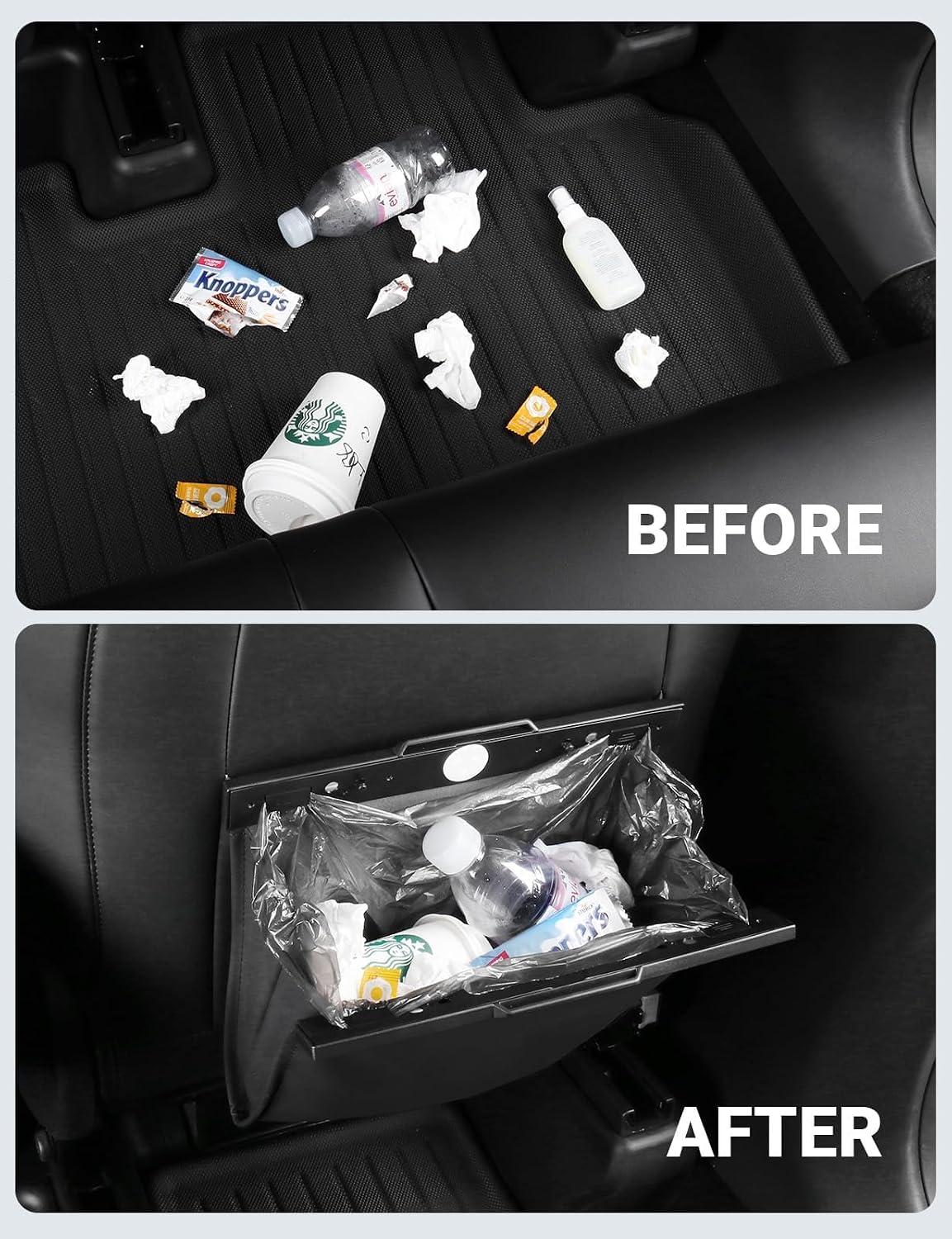 Leather Car Trash Can with LED Light & Lid for Tesla Model 3/Y/S/X – Hanging Seat Back Waste Bin, Waterproof, Black