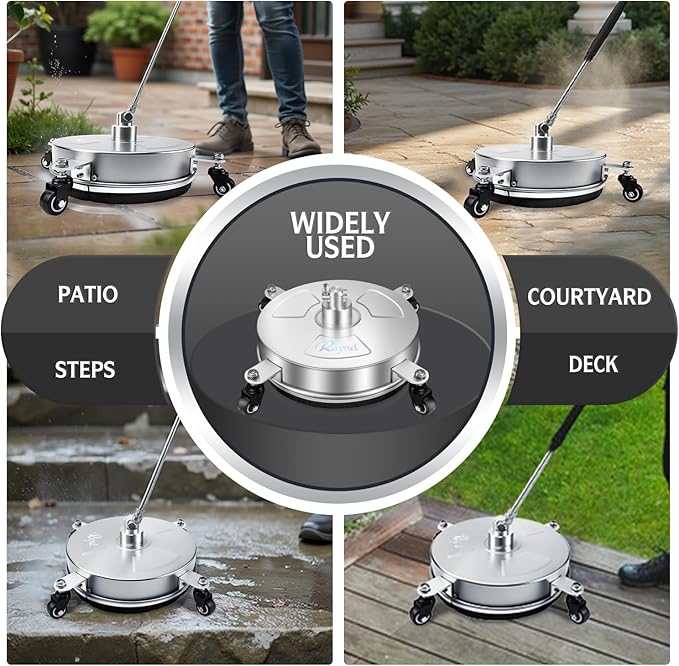 RAYNEL 14'' Pressure Washer Surface Cleaner with 4 Wheels, Stainless Steel Housing, 1/4" Quick Plug, 2 Extended Wands, 2 Replacement Nozzles