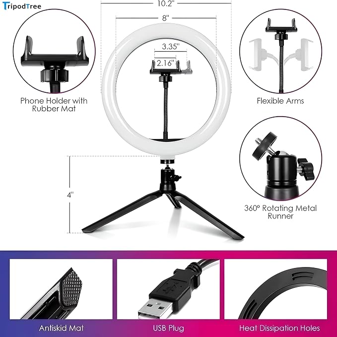 10" Selfie Ring Light with 4" Desktop Tripod Stand & 1 Phone Holder, LED