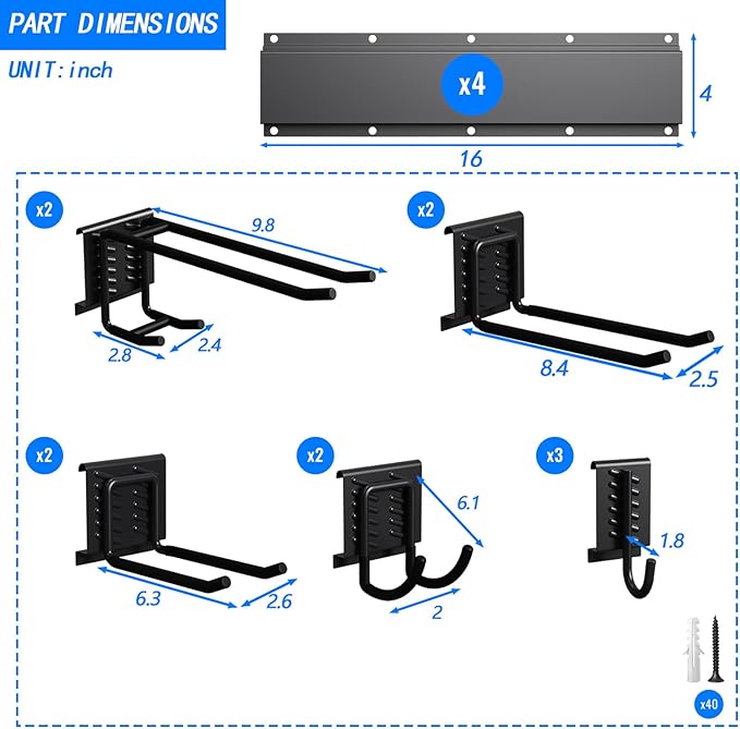 CBWLWJ Garage Tool Organizer Wall Mount, 64 inch Garage Wall Organizer, 680lbs Sturdy Garden Tool Organizer with 11 Adjustable Hooks, for Yard, Shed, Basement, Workshop(Black)