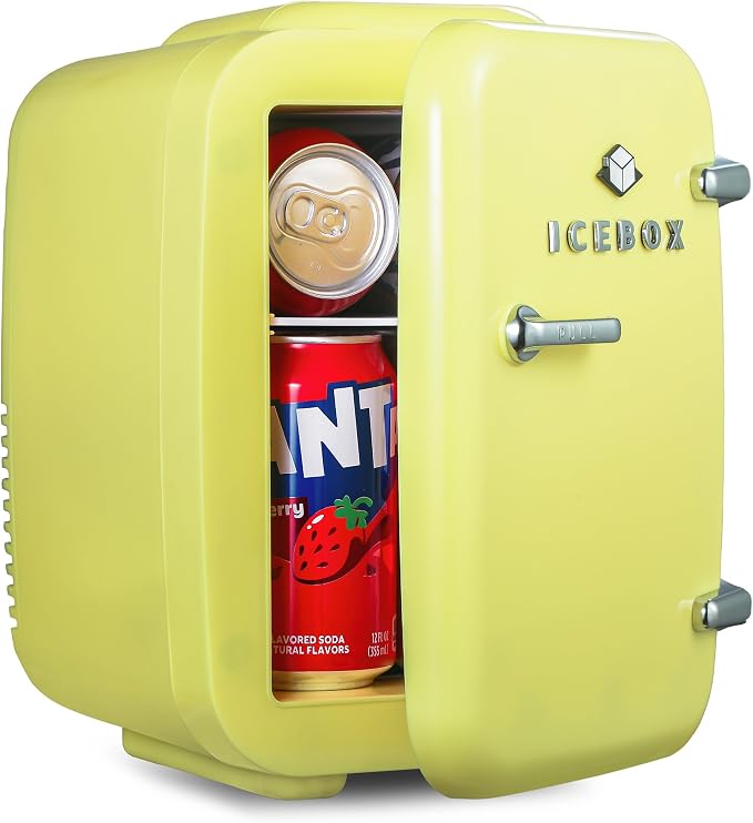 IceBox 4-Liter Mini Fridge Cooler/Warmer, IBMF4SUN, Sun Yellow | Portable Refrigerator Holds 6 Cans, Compact for Skincare, Beverages and Food, Includes 120V AC and 12V Car Adapters