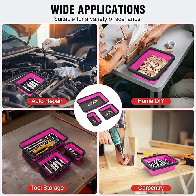 GOOACC 3 Sizes Collapsible Magnetic Parts Tray Set Pink Silicone Foldable Tool Trays Organizer for Screws Bolts Nuts Pins Washers and Other Small Metal Parts Double Sided Magnet Base