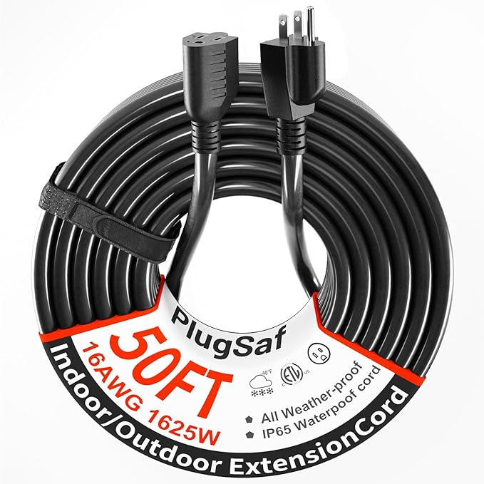 PlugSaf Black Outdoor Extension Cord 50 ft 16/3 Gauge Waterproof, Cold Weatherproof -58°F, Flame Retardant, Flexible 3 Prong Electric Cord for Lawn Office,13A 1625W 16AWG SJTW, ETL Listed