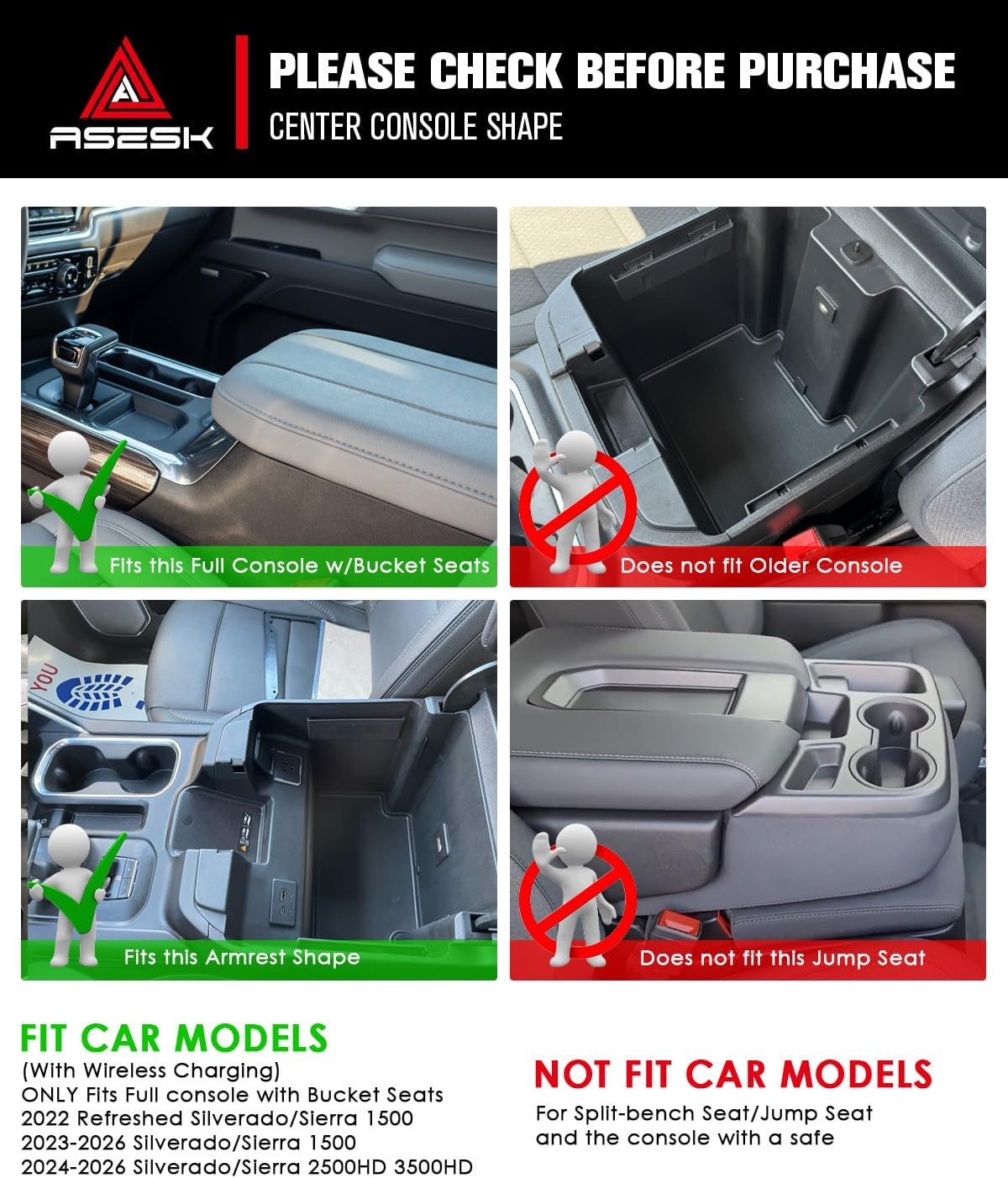 For 2022-2026 Chevy Silverado/GMC Sierra 1500&2024-2026 Silverado/Sierra 2500HD 3500HD - (Full Console w/Bucket Seats ONLY) Center Console Armrest Organizer ABS Materials
