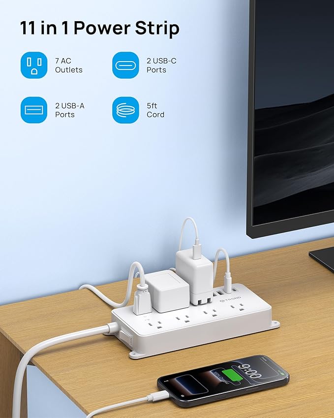 TROND Power Strip Surge Protector, 7 Widely Spaced Outlets with 2 USB A and 2 USB C, ETL Listed 1700J, Wall Mount, Flat Plug 5ft Extension Cord 14AWG Heavy Duty, for Home, Office Garage, White