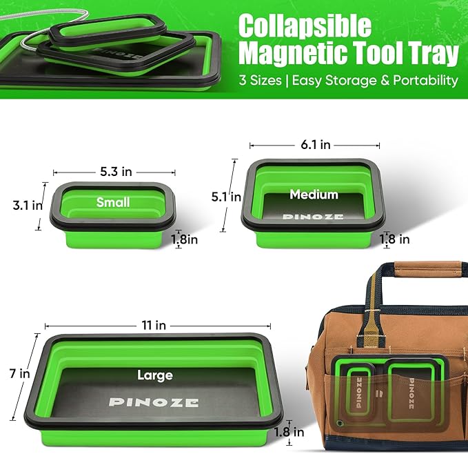 Collapsible Magnetic Parts Organizer Trays & 12" Flexible Magnetic Pickup Tool, 3 Different Size Magnet Tool Trays & Pick-Up Sweeper for Screw, Bolts, Nuts, Washers, Pins and Metal Parts, Green