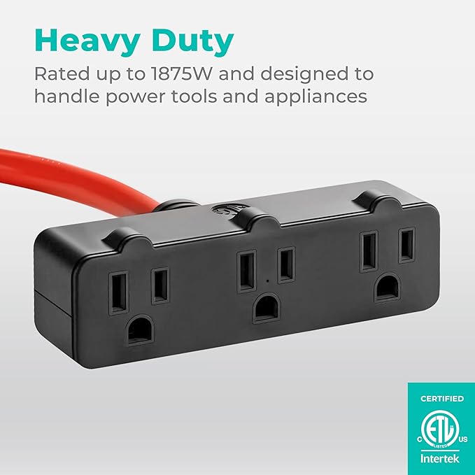 KMC 3-Outlet Power Extension Cord, 12AWG 2-Feet Extension Cord, 125V/15Amp 1875Watt, Orange