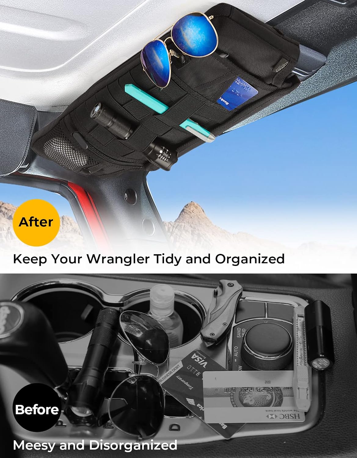 Upgraded Sun Visor Organizer Compatible with Wrangler JK 2007-2009, QMPARTS Driver's Side Front Tactical Visor Storage Cover Molle Webbing Visor Storage Holder Pouch, Multi-Pocket Net Zipper