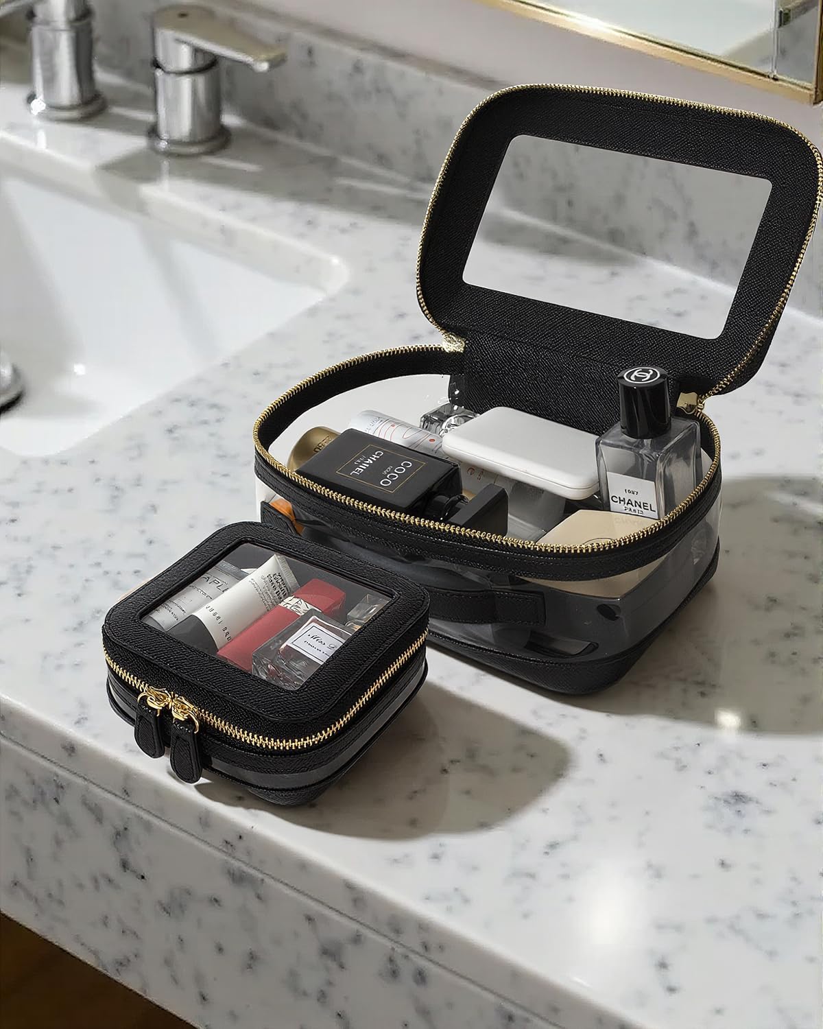 Clear Makeup Bag Small, Mini Portable Clear Makeup Bag for Purse Cute Waterproof Travel Cosmetic Case Makeup Pouch TSA Approved Toiletry Bag Women Traveling Car Organizer Car Essentials