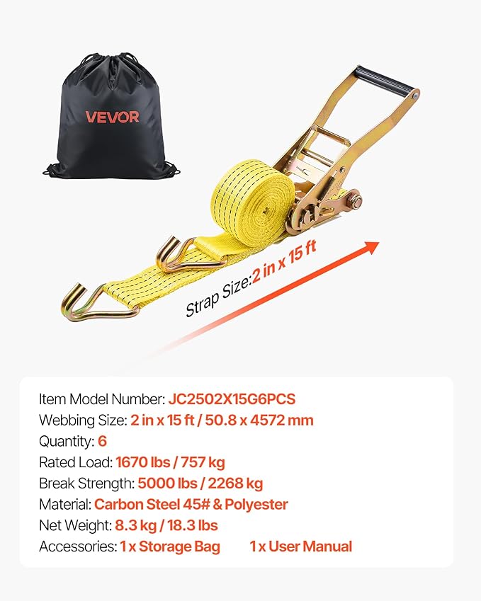 VEVOR 6 Pack 2’’ x 15’ Ratchet Straps Heavy Duty Tie Down with Double J Hook, 5000 lbs Break Strength, Carry Bag, Tie Down Ratcheting for Moving, Trailers, Motorcycles, Kayaks, Car Roof