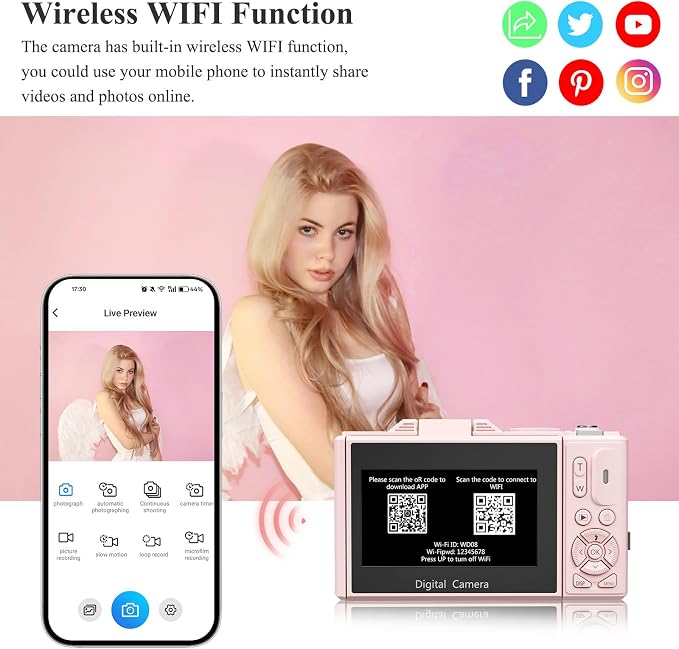 4K Digital Camera for Photography, 64MP Vlogging Camera for YouTube, WiFi Vlog