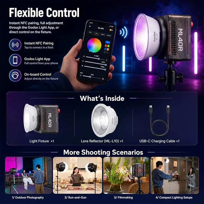 Godox ML40R RGB LED Video Light, Portable COB Photography Light