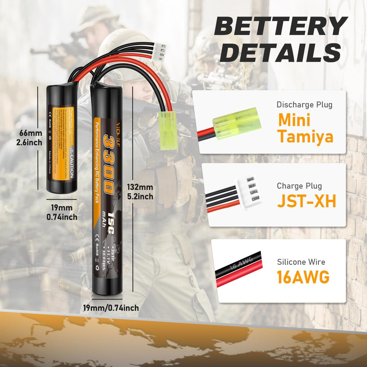 Skiennix 3300mAh Airsoft Battery - 11.1V Nunchuck Rechargeable Battery for AEG AK47 M4 MP5