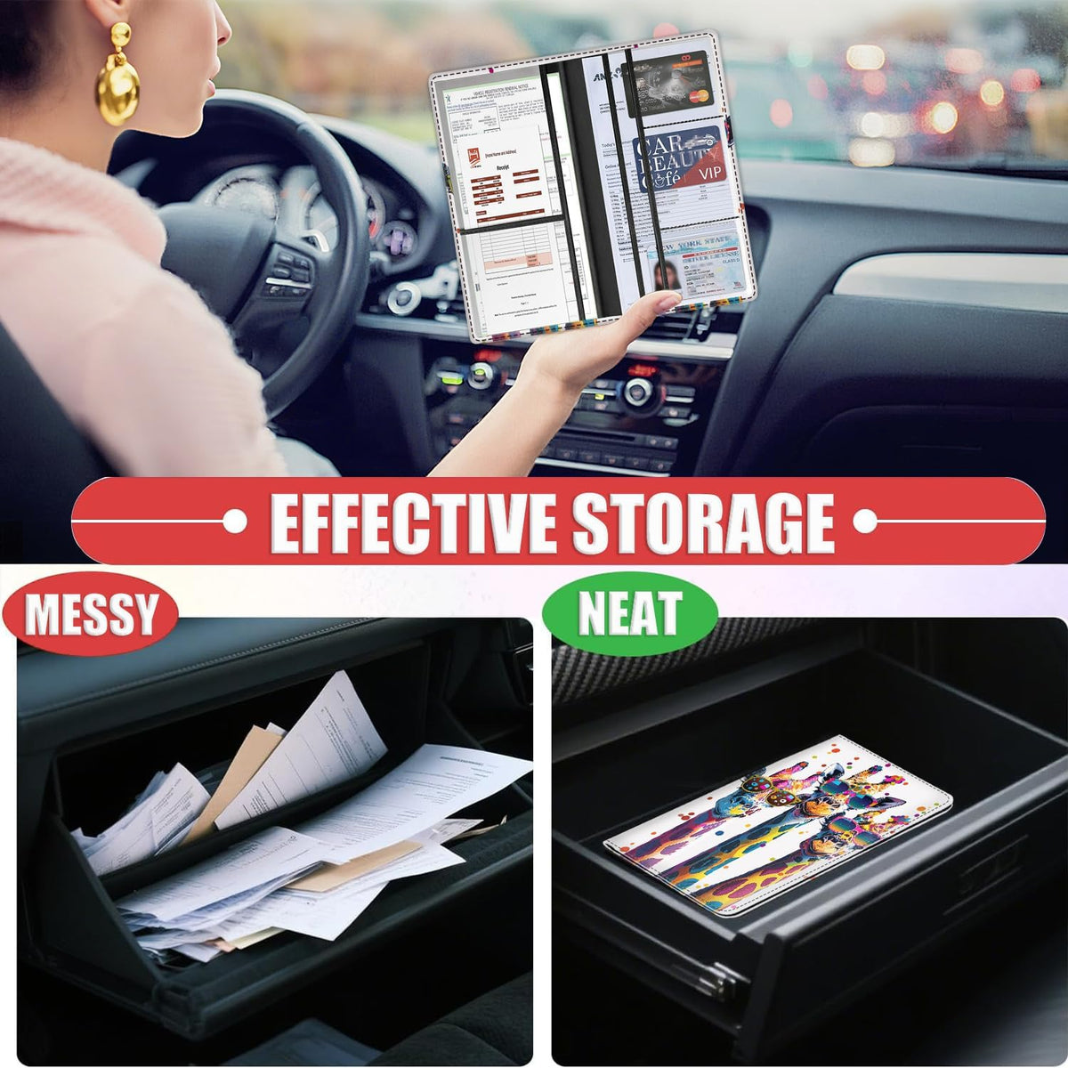 Car Registration Holder, Waterproof PU Leather Vehicle Card Document Glove Box Organizer, Women Interior Auto Accessories Case for Cards, Driver License Car Insurance Holder, Cool Giraffes Pattern