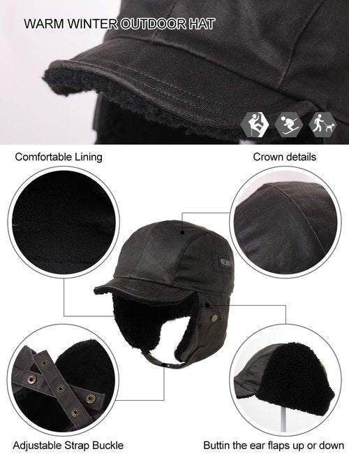 Comhats Aviator Hat Faux Leather Pilot Cap Oversize Adult Men Winter Trapper Hunting Hat 56-66CM (US, Alpha, X-Large, Black)