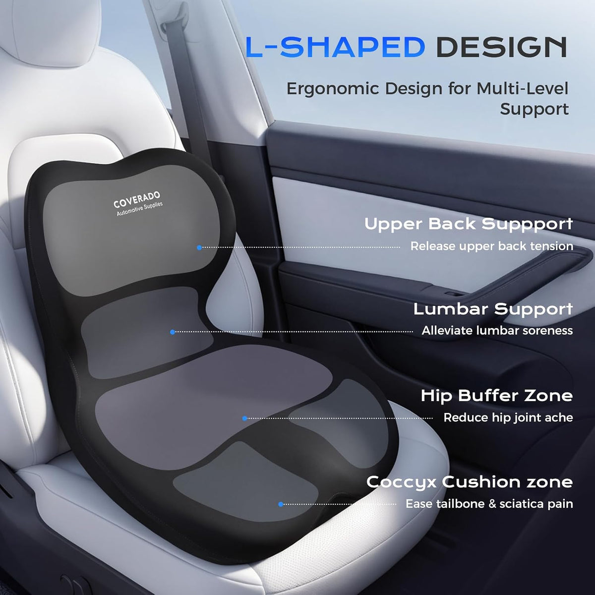 Coverado [Upgraded] Car Seat Cushion and Lumbar Support Pillow One Piece, Memory Foam Ergonomic Back Support Driving Seat Cushion for Back Pain, Non-Slip Washable Cushion for Car, Driver, Office
