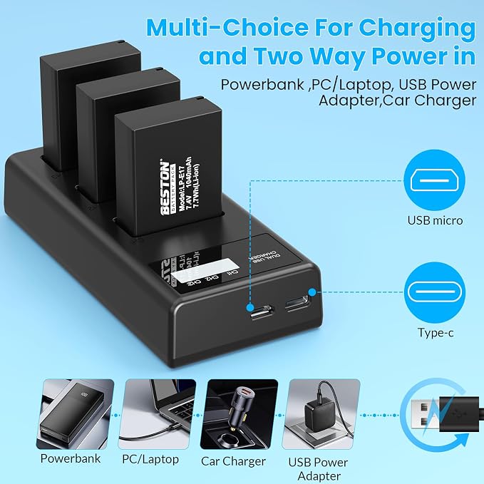 BESTON 3-Pack LP-E17 Battery and Charger Set