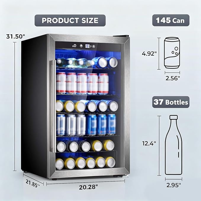 Electactic Wine Cooler 37 Bottle Freestanding Fridge with Stainless Steel Reversible Glass Door, 145 Can Beverage Refrigerator Quiet Compressor for Home Kitchen Bar, 4.5 Cu.ft Silver