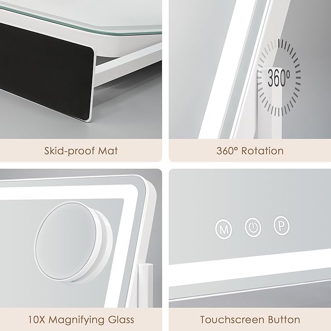 Lighted Makeup Mirror,18" x 14" Led Vanity Mirror with with 3 Color Modes & Adjustable Brightness,Smart Touch Control,360 Degree Rotation,for Dressing Room & Bedroom,AC-Powered, Metal Frame Design