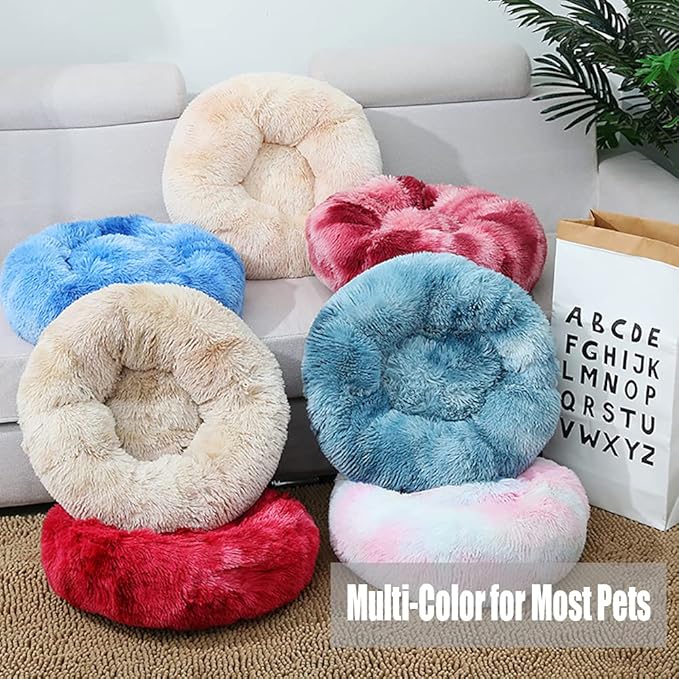 Calming Faux Fur Dog Beds Calming Donut Cuddler Dog Bed Washable Round Cat Bed Pillow Cuddler Fluffy Indoor Dog Calming Beds with Anti Slip Bottom Solid Color Green Blue 16 Inch