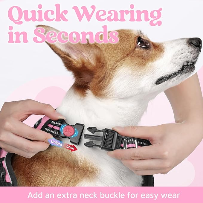 rabbitgoo Dog Harness Small Sized, No Pull Dog Vest with 3 Buckles, Adjustable Soft Padded Pet Harness with Easy Control Handle and Reflective Strips, Light Pink, S