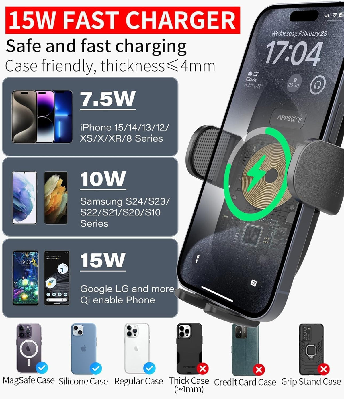 APPS2Car 15W Qi Fast Wireless Car Charger Solid Cup Holder Phone Mount