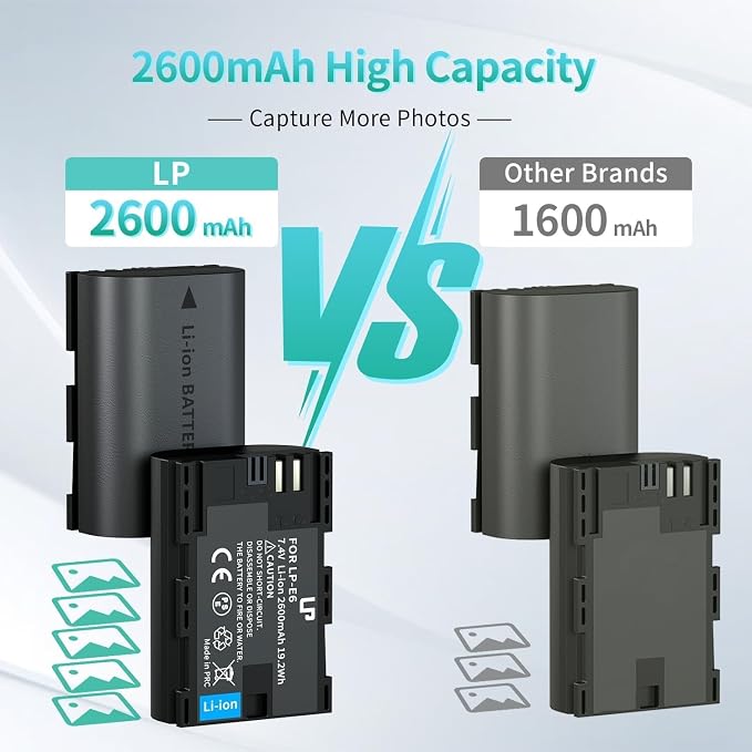 LP LP-E6, LP-E6N Battery 2-Pack, 2600mAh Replacement Batteries