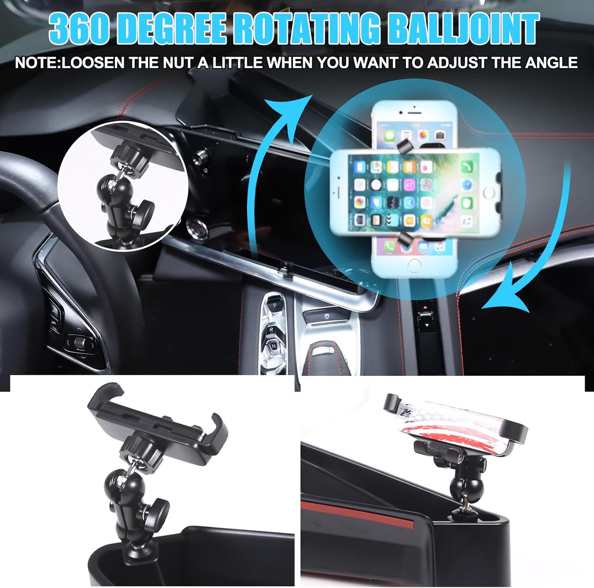 for Corvette C8 Center Console Tray Phone Holder Mount Organizer,360 Degree Rotatable Phone Holder Stand Navigation Screen Rear Storage Box Organizer Tray for Corvette C8 2020-2024 2025 (E)
