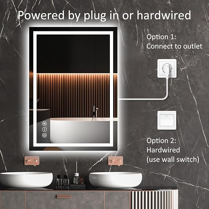LED Bathroom Mirror 20x28 Inch Anti-Fog Bathroom Mirror with Lights, Wall Mounted Lighted Vanity Mirrors, Dimmable, Backlit + Front Lit, Smart Bathroom Vanity Mirror with 3 Colors Temperature