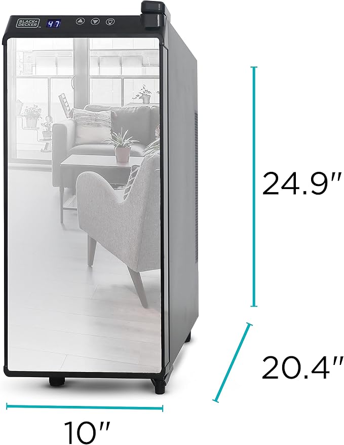 BLACK+DECKER 12-Bottle Thermoelectric Wine Chiller, BD60336, Mirrored Door | Thermoelectric Wine Cooler with Temperature Control, 12 Bottle Fridge for Reds, Whites and More, LED Display, Chrome Racks