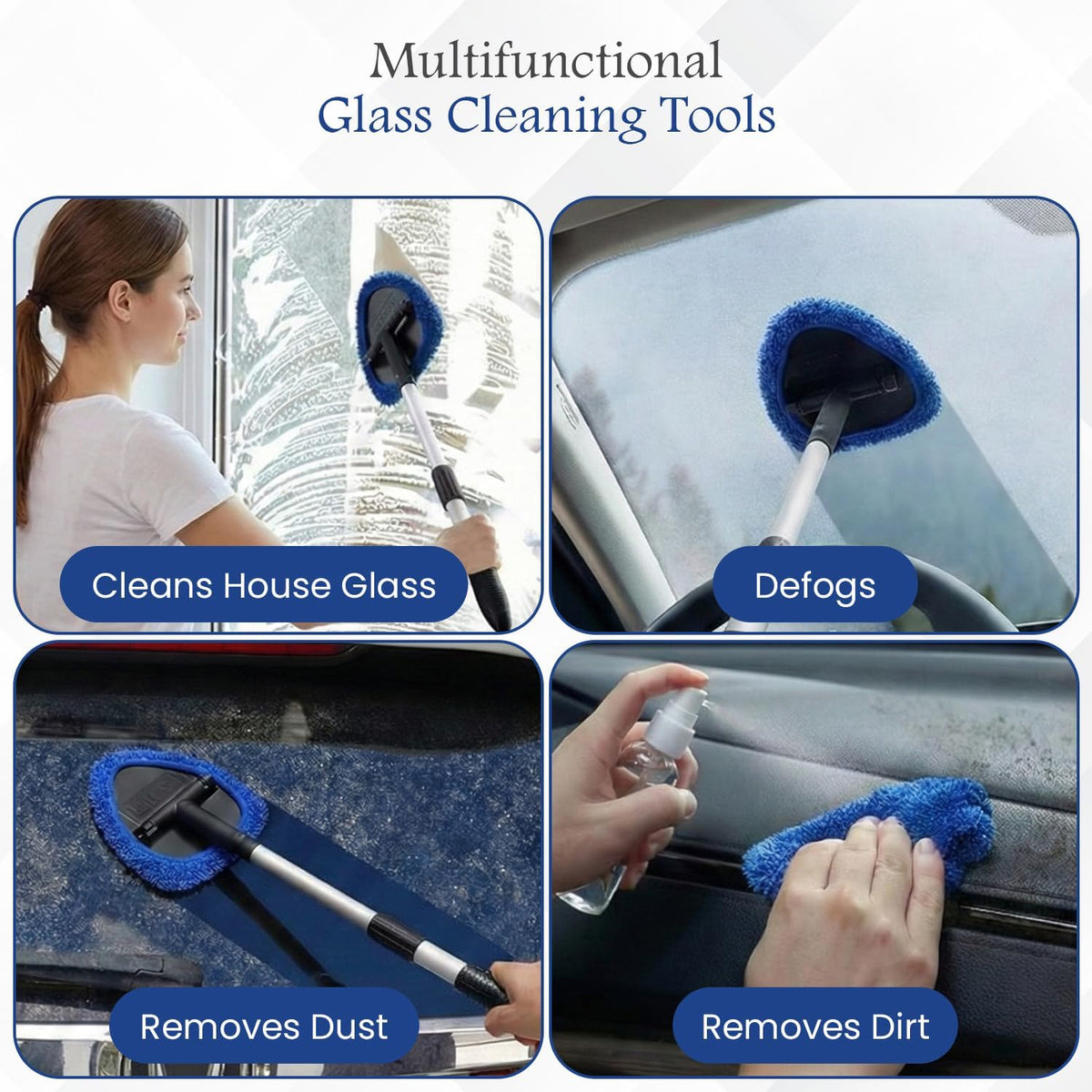 Windshield Cleaner Tool for Inside Car Windows with 6 Microfiber Pads Power Blade Glass Cleaning Kit, Magnetic Reach Handle for Auto Interior, Streak Free Window Supplies
