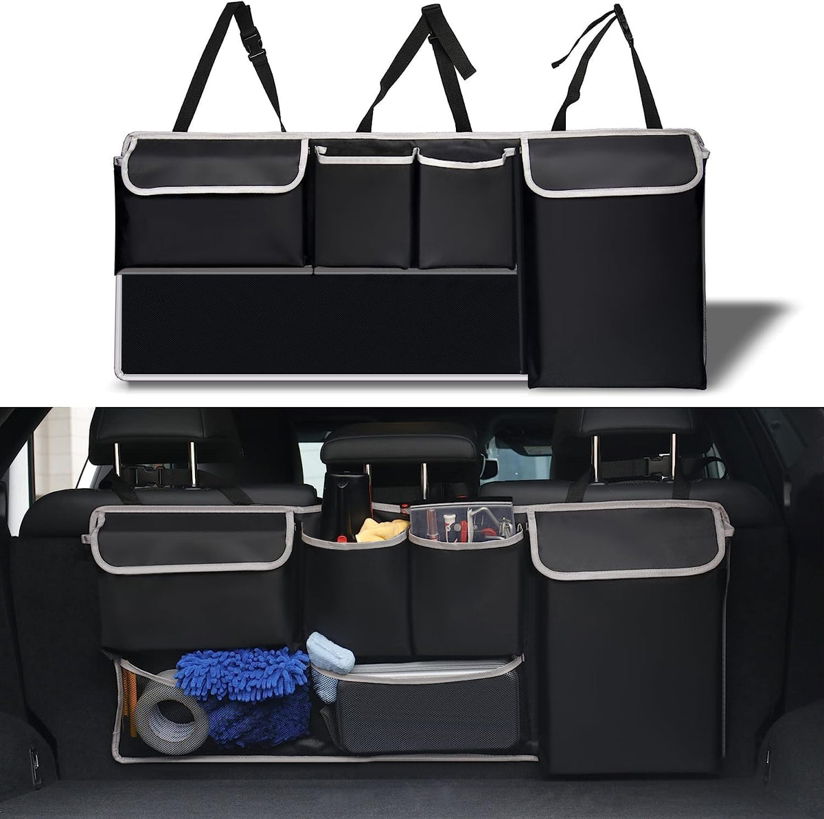 UYYE Trunk Hanging Organizer, Backseat Storage Bag, Collapsible Car Interior Accessories with 4 Pockets & 2 Mesh Pouches for Tools, Provide More Storage Trunk Space for SUV, Jeep, MPVs (Brown)