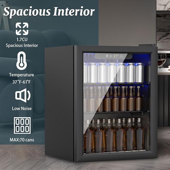 70 Can Mini Fridge, 1.7 Cu.Ft Beverage Refrigerator Glass Door | Compact Drink Fridge with Reversible Door for Soda Wine Beer, Quiet Small Cooler for Home Office Bar, Black (37-61 ℉)