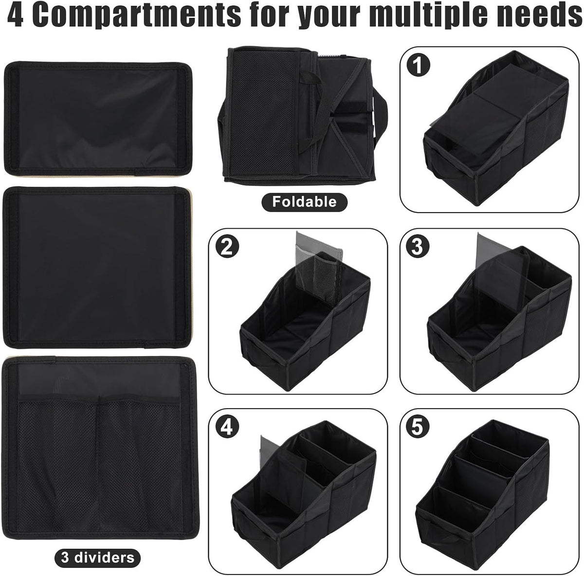 Honeydak Passenger Seat Organizer, Collapsible Car Storage for Console Front/back Seat with Multi-pockets Car Caddy Organizer Suv Truck for Kids Adults Accessories(Black,4 Compartments)