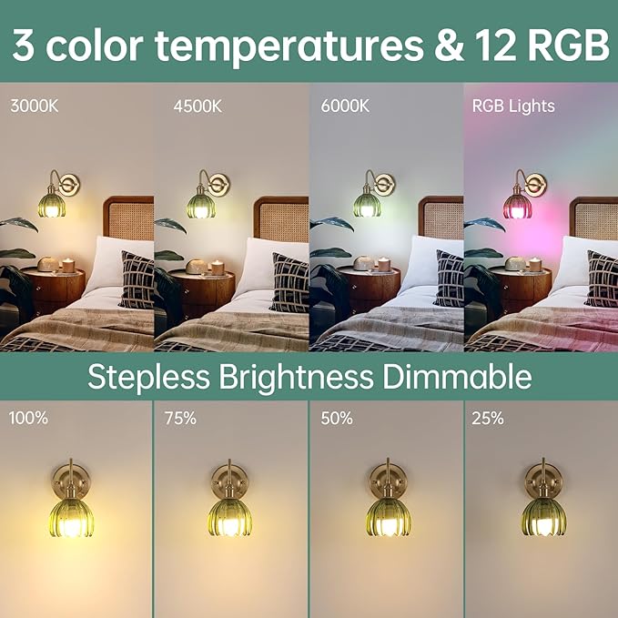 Vintage Battery Operated Wall Sconce, 5000mAh Rechargeable Wall Light, Indoor Battery Powered Wall Lamp for Bedside Bedroom Living Room, Tulip Green