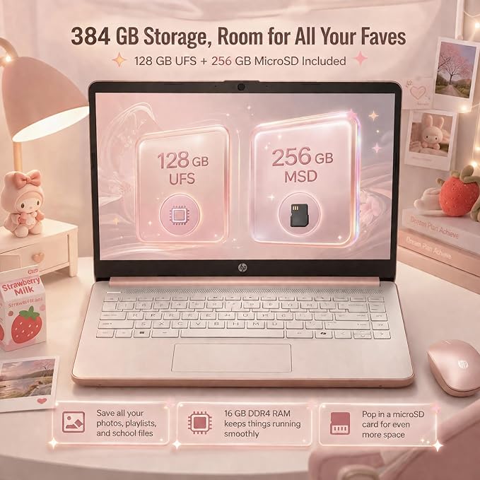 HP 14 Laptop for Students and Home Use, Intel Processor N150, 16GB RAM | 128GB UFS+256GB MSD, 14" HD Display, Wi-Fi 6, 1-Year Microsoft 365, Copilot AI Key, Lightweight, Pale Rose Gold, W/Mouse