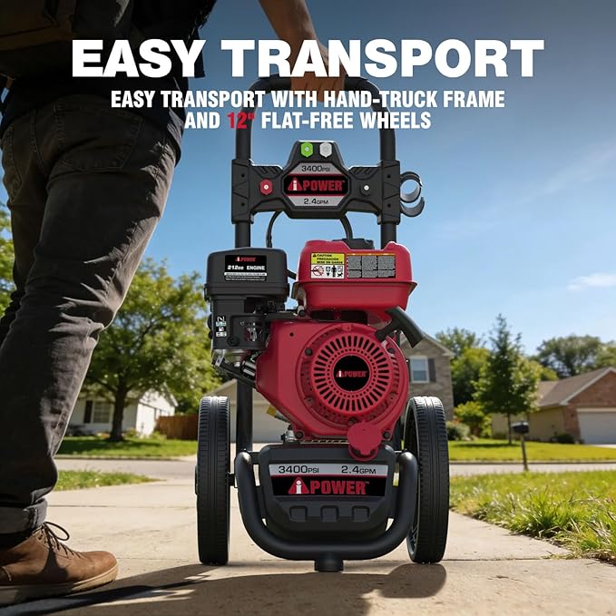 A-iPower Gas Pressure Washer 3400PSI 2.4 GPM Gas Powered Foldable Frame Pressure Washer 12'' Wheel Gas Power Washer, Onboard Soap Tank, with Spray Gun 5 QC Nozzles, for Fence/Cars/Driveways (GPW3400)