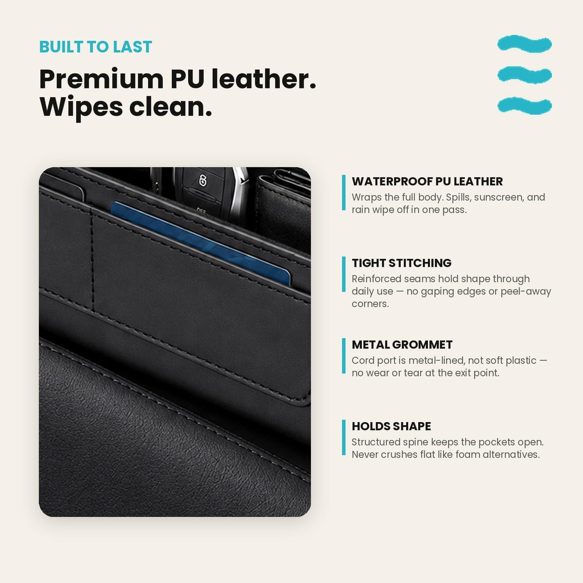 Kitewave Car Seat Gap Filler, Premium PU Leather Front Seat Gap Filler Organizer with Card Slots & Cable Pass-Throughs, Fits Between Seat and Console, Fits Mid-size to Large-size Cars, SUVs, & Trucks