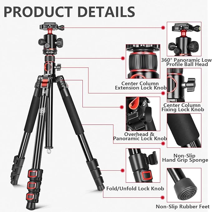 FreeSea 72 inch Camera Tripod, Transverse Center Column Aluminium DSLR Tripod